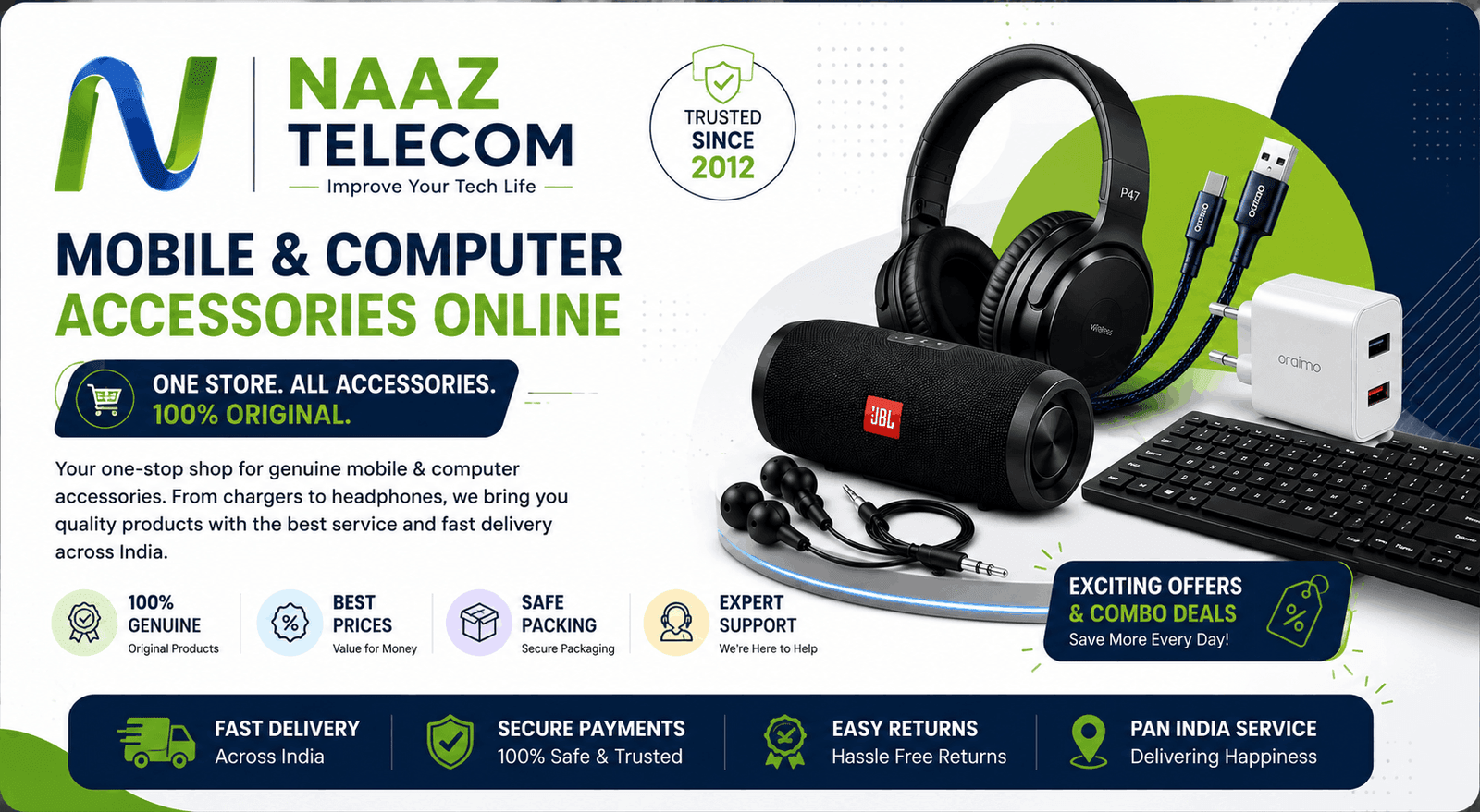 Naaz Telecom banner showcasing mobile and computer accessories including Bluetooth speaker