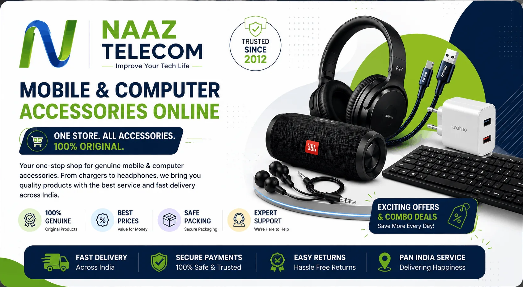 Naaz Telecom banner showcasing mobile and computer accessories including Bluetooth speaker